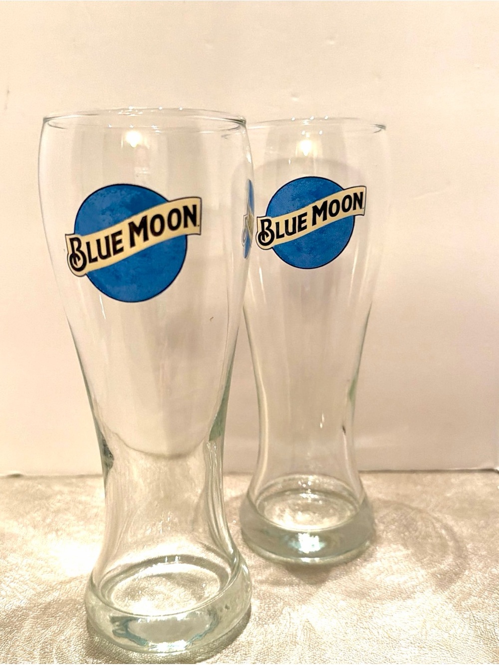 BLUE MOON Branded 16 oz. 8” tall Beer Glasses - Set of 2 - Clear with Blue Logo